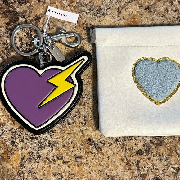 NWT COACH Heart & Bolt Silver Tone Bag Charm Or Key Ring Purple Black Yellow - Picture 5 of 8